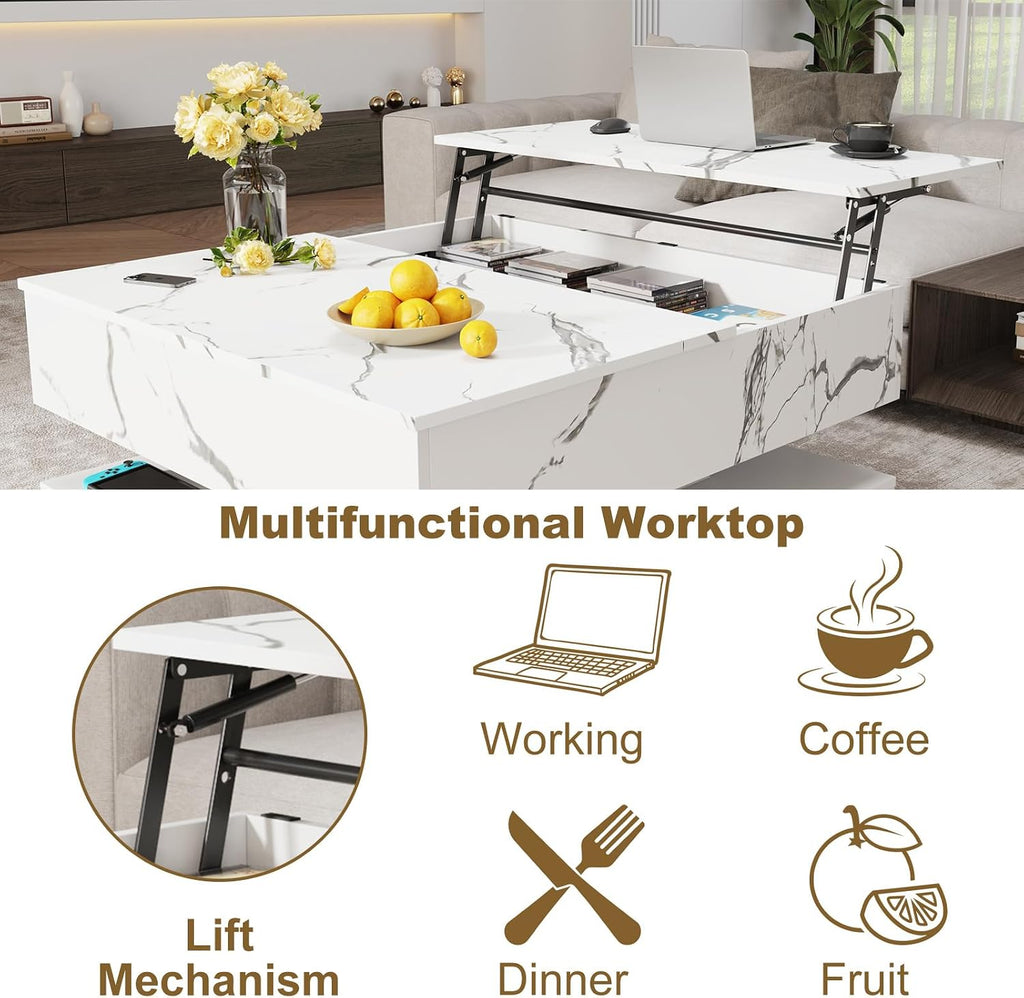 35.4' Large Square Coffee Table with Lifting top,Charging Station,Modern 2-Tier Square Center Table w/Hidden Compartment Storage,Tea Table with Wood Grain for Living Room, Office,White Marble