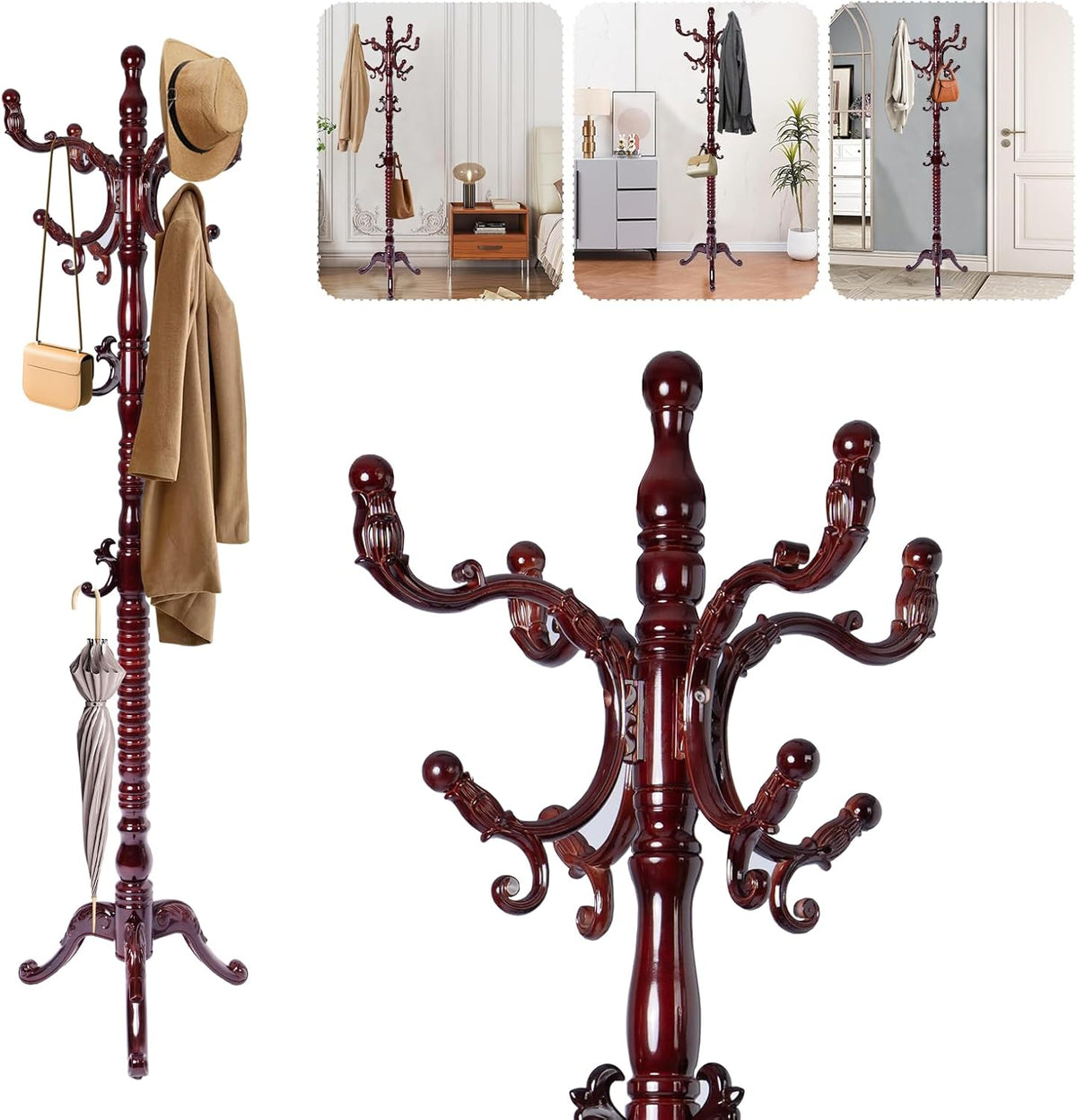 Solid Wood Coat Rack – 73' Freestanding Coat Racks Stand with 14 Hooks & Stable Base, Adjustable Height Modern Wooden Hall Tree for Entryway, Bedroom, Office, Home (Mahogany Triangle)