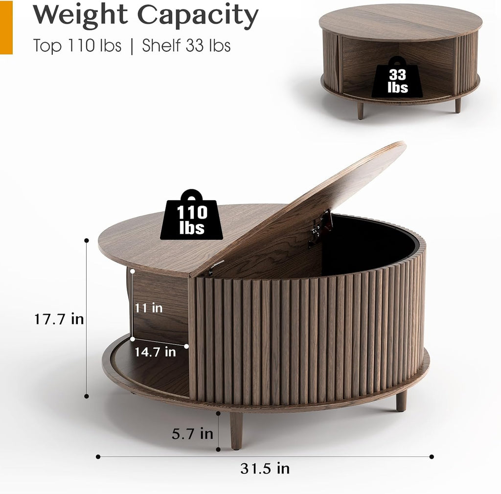 JOINICE Round Coffee Table with Storage, 31.5' Walnut Wood Drum Table, Fluted Circle Center Table for Living Room, Modern Mid Century Furniture with Sliding Door