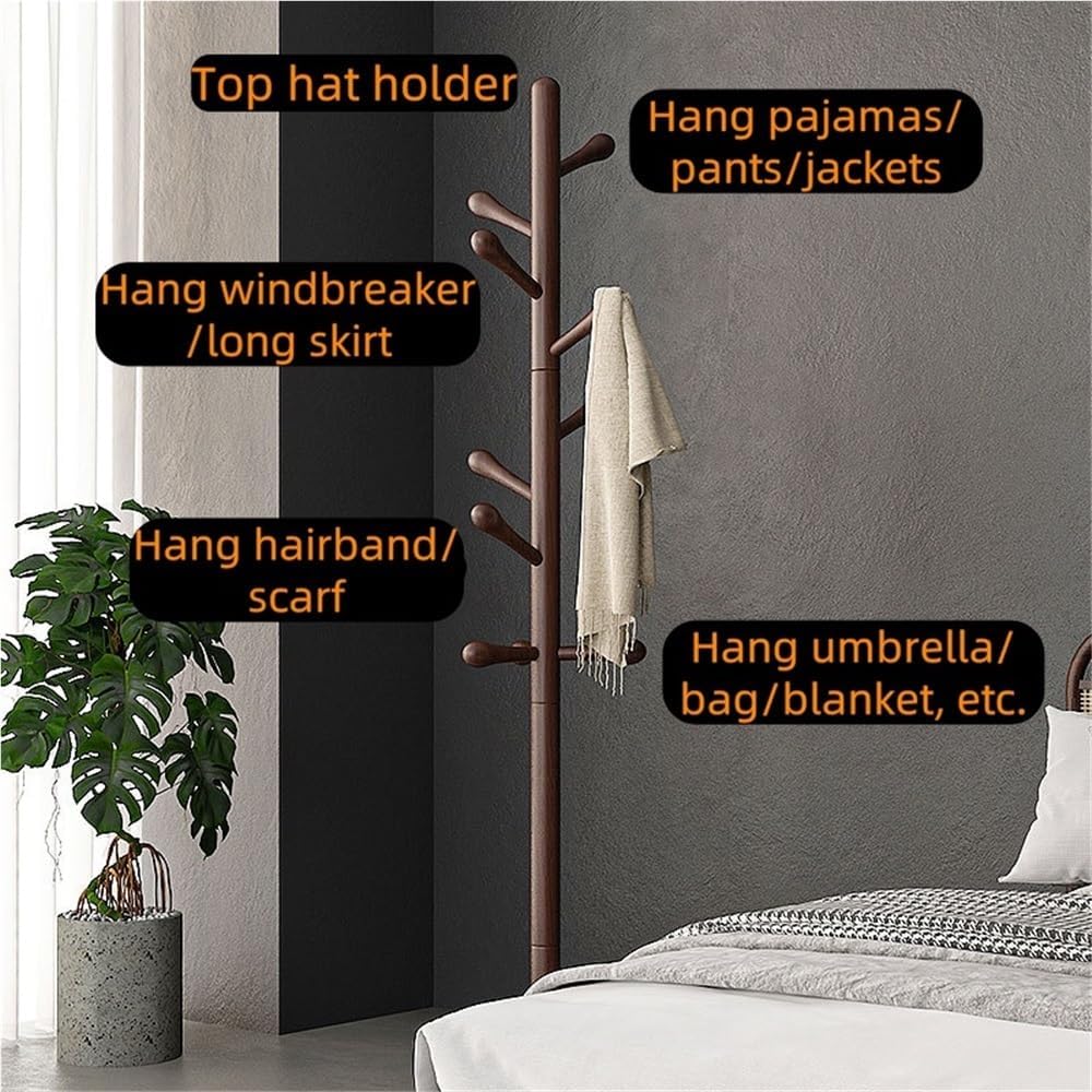 Floor-Standing Hat Rack for Bedroom, Solid Wood Coat Tree, Simple Coat Rack Freestanding, Vertical Solid Wood Purse Hanger for Living Room