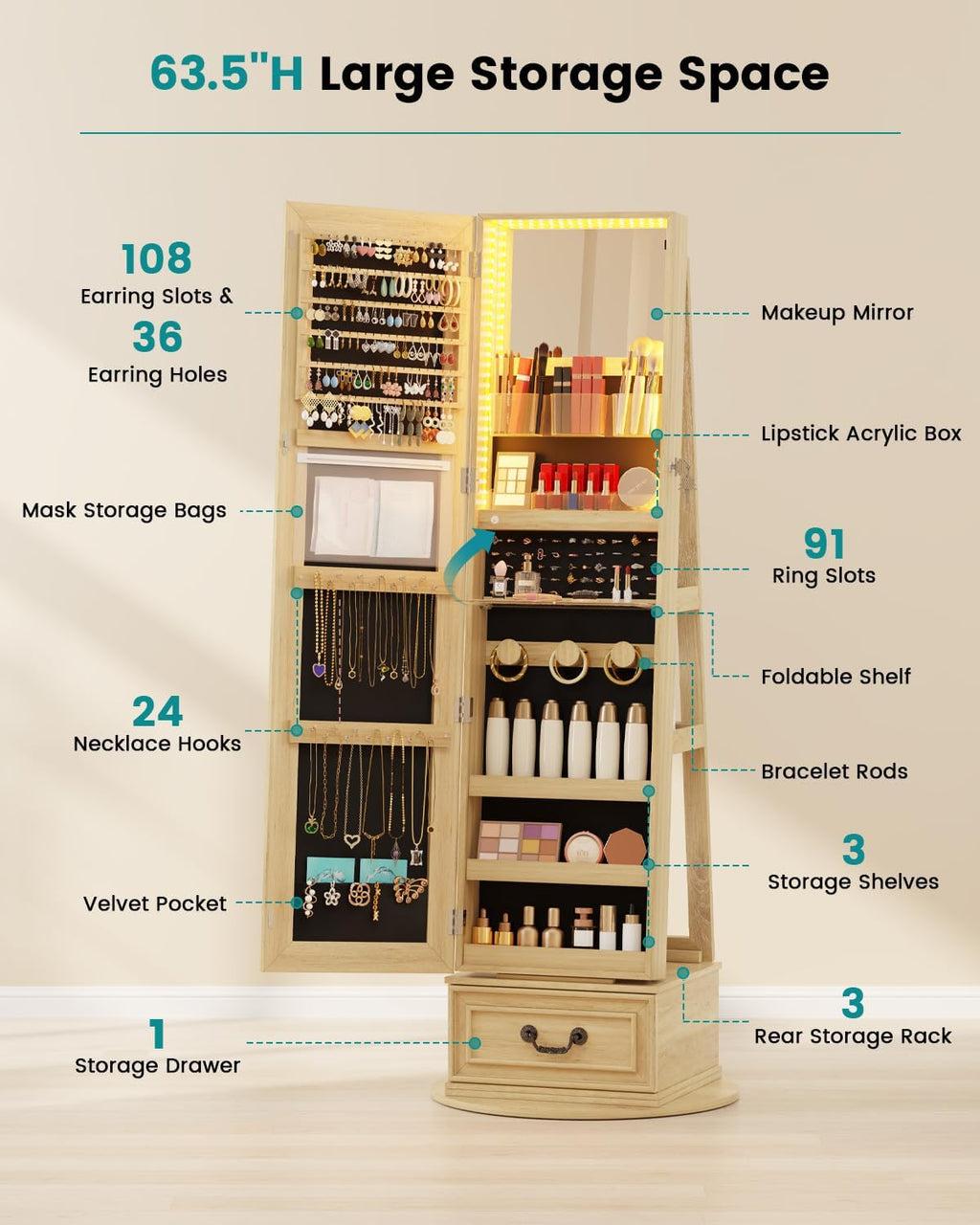 Vlsrka Mirror Jewelry Cabinet Standing, 360° Swivel Jewelry Armoire with Full Length Mirror, Lockable Mirror with Jewelry Storage, 3-Color LED Lights, Foldable Makeup Shelf