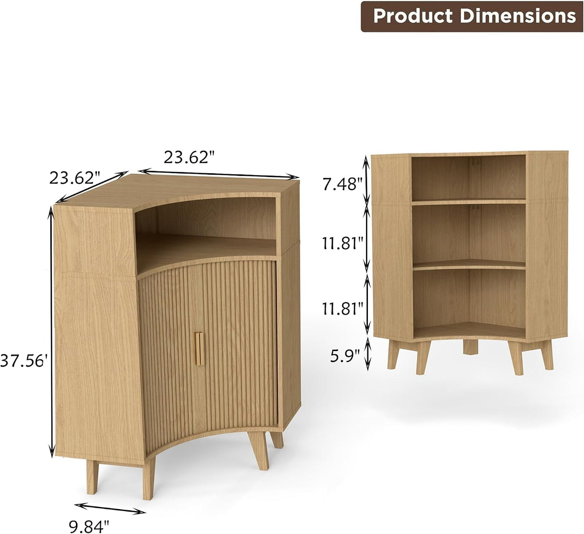 Fluted Corner Cabinet with Open Storage, Modern Floor Cabinets with Sliding Doors and 2-Tier Shelves, Freestanding Narrow Organizer for Small Space,Living Room, Dining Room,Natural