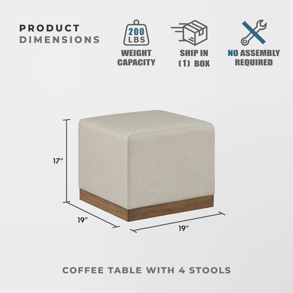 Lexicon 44' Square Coffee Table with 4 Upholstered Stools, Maple Veneer Wood Cocktail Table, Gray Upholstered Stools with Casters, Modern Living Room/Apartment Centerpiece, Full Assembled, Brown