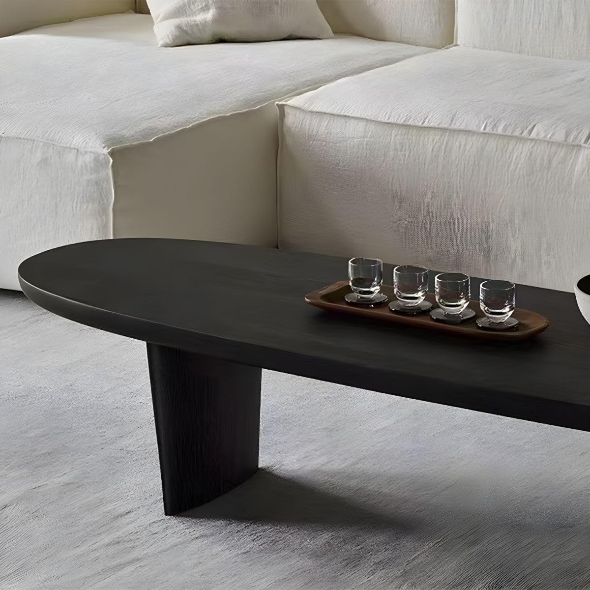 RUNNUP Black Wood Coffee Table Oval Modern Coffee Table Accent Center Sofa Table Cocktail Center Table for Small Apartment Living Room Easy Assembly, 59' L x 19' W x 16' H