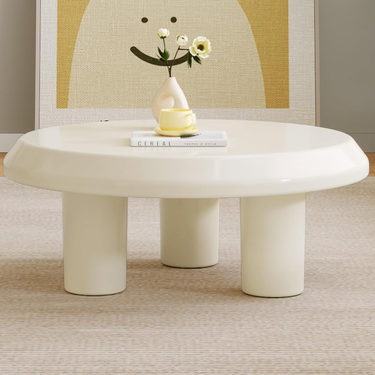 31.49' Round Coffee Table, Circle Coffee Tabels with 3 Legs for Living Room, Modern Circular Center Table for Sofa, White Mddern Tea Table for Bedroom, Easy Assembly