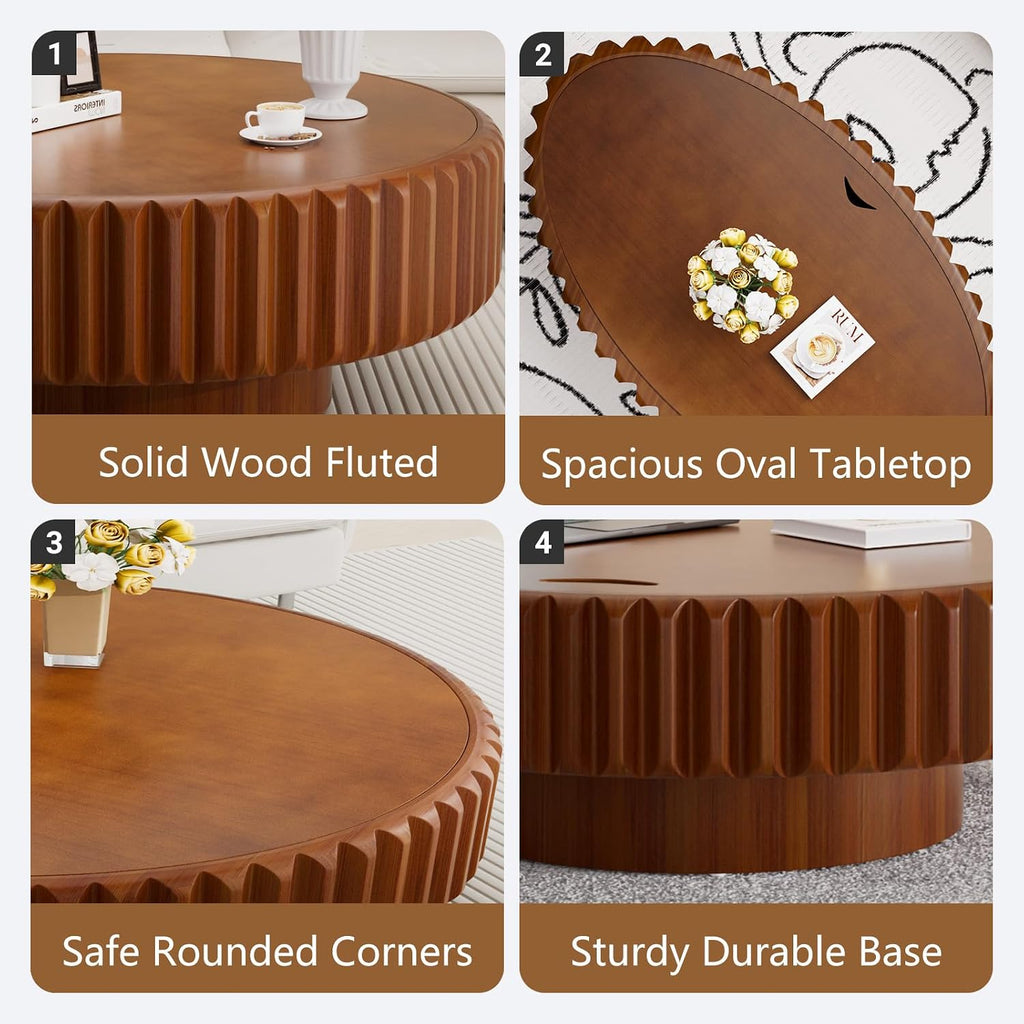 43.3'' Oval Coffee Table with Storage Drum Coffee Tables with Solid Wood Fluted, Modern Wooden Accent Center Table for Living Room, Apartment, Home, Office - Brown (Brown 43.3')