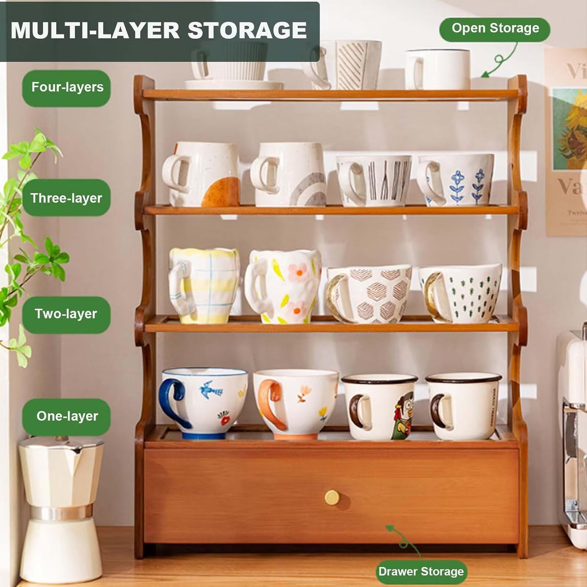 Coffee Mug Holder Bamboo Cup Rack, 4-Tier with Drawer Acrylic Home Display Rack for Kitchen Countertops, Coffee Bars, for Placing Mugs, Syrup, Cups, Stirrers