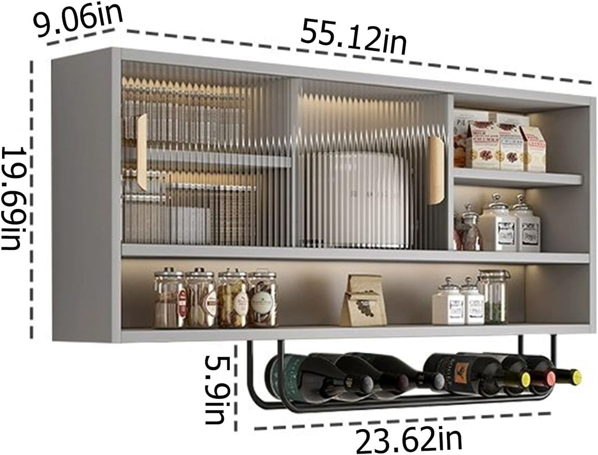 Large Kitchen Wall Cabinet,Wooden Wall Mounted Storage Cabinet with 2 Sliding Glass Door and Towel Bar,Modern Medicine Cabinet for Bathroom Laundry Room Kitchen(55.12 * 9.06 * 19.69in, D)
