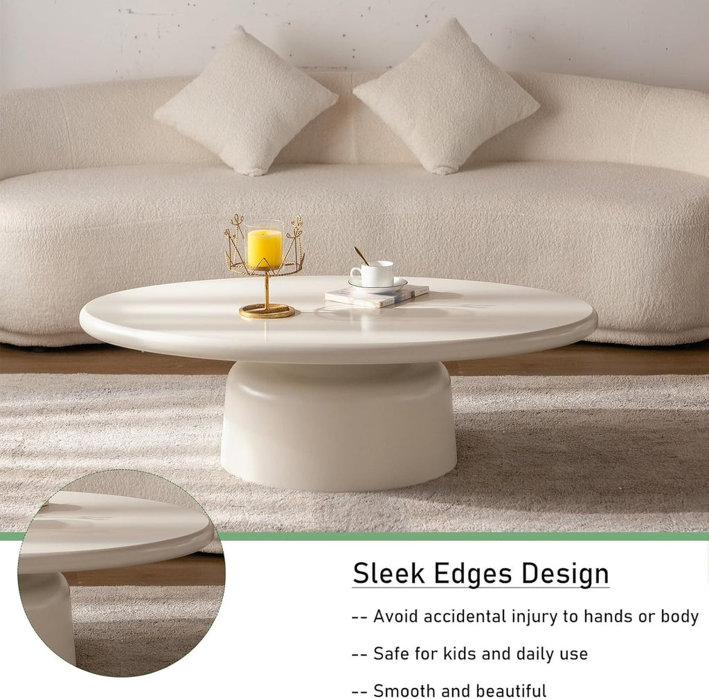 White Oval Coffee Table for Living Room, Contemporary Pedestal Design, Traditional Round Circle Wooden Center Coffee Table, for Farmhouse Apartment (B45.7)