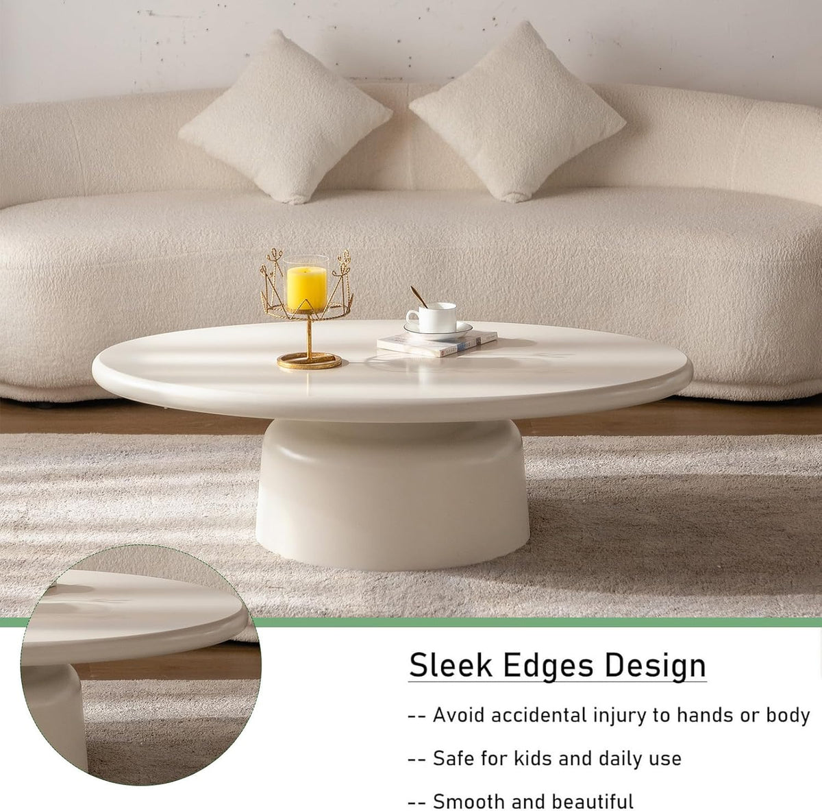 White Oval Coffee Table for Living Room, Contemporary Pedestal Design, Traditional Round Circle Wooden Center Coffee Table, for Farmhouse Apartment (B45.7)