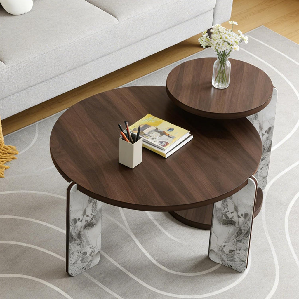 Modern Nesting Coffee Table Set of 2, 2-Piece Modern 32.68' & 16.93' Round Living Table Set with Walnut Veneer Surface 25mm MDF and Sintered Stone Legs for Living Room