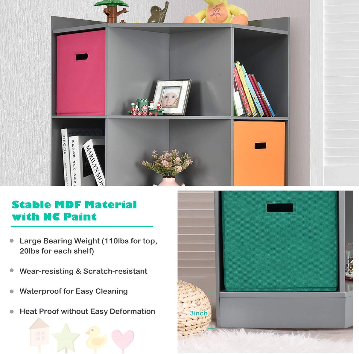 HONEY JOY Kids Toy Storage Organizer, 9-Cubby Toy Bin Organization Storage Cabinet w/Display Shelf & 3 Removable Basket, Wooden Corner Storage Unit for Playroom, Kids Bedroom, Nursery Daycare(Gray)