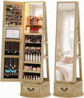 Vlsrka Mirror Jewelry Cabinet Standing, 360° Swivel Jewelry Armoire with Full Length Mirror, Lockable Mirror with Jewelry Storage, 3-Color LED Lights, Foldable Makeup Shelf