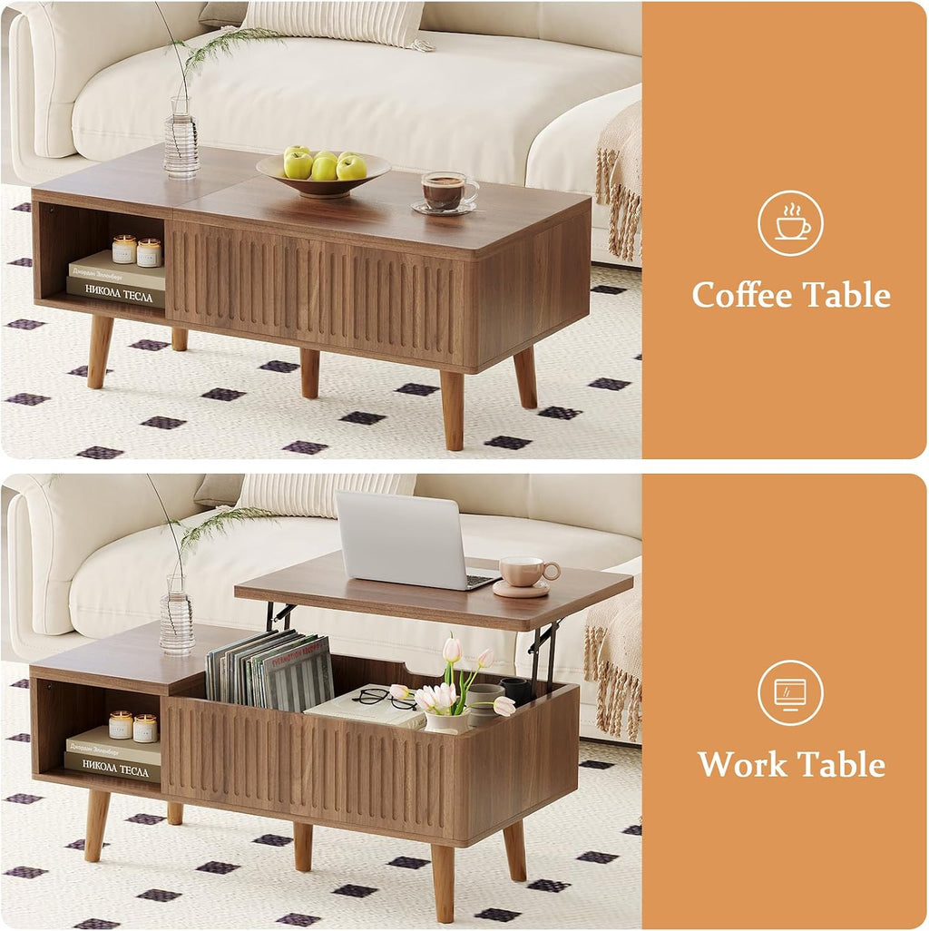 Lift Top Oval Coffee Table with Storage, 2-in-1 Height Adjustable Modern Coffee Table for Small Living Room & Apartment (Walnut)