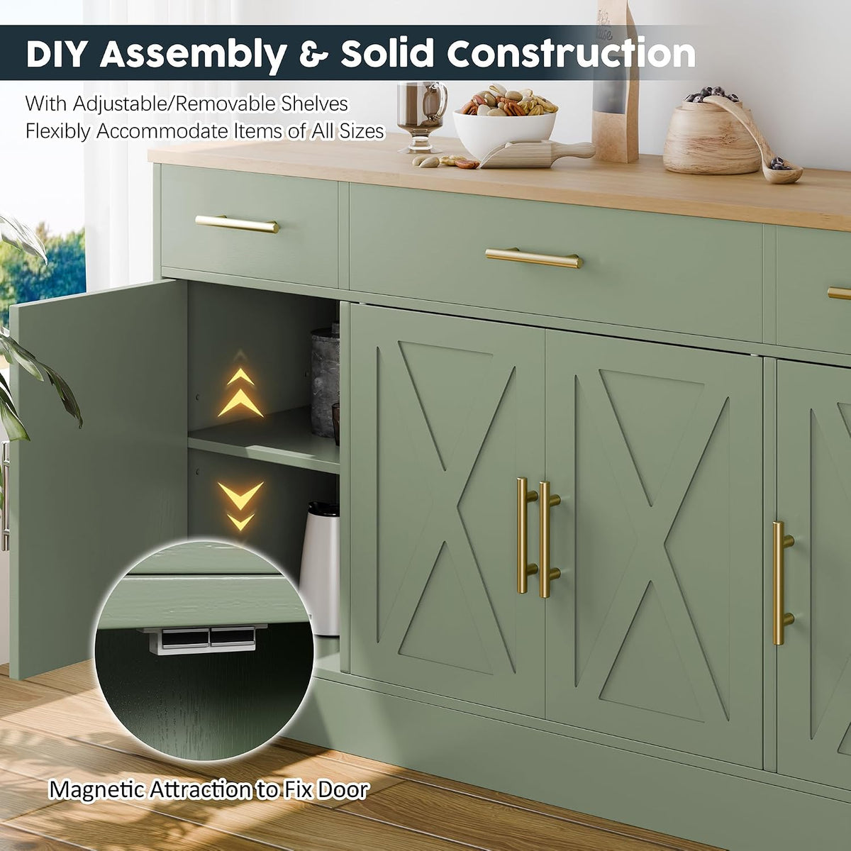 SUNLEI Buffet Cabinet with Storage, Farmhouse Storage Cabinet with 4 Doors and 3 Drawers, Coffee Bar Station Wood Buffet Table with Adjustable Shelf for Living Room, Green