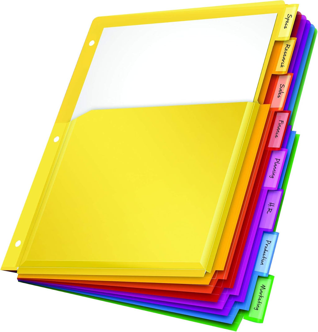Oxford Binder Dividers with Pockets, 3 Pack, 8 Multicolor Tabs with Inserts, Pockets Expand 1/4', Flexible Lightweight Plastic Dividers for 3 Ring Binders (Pack of 8)