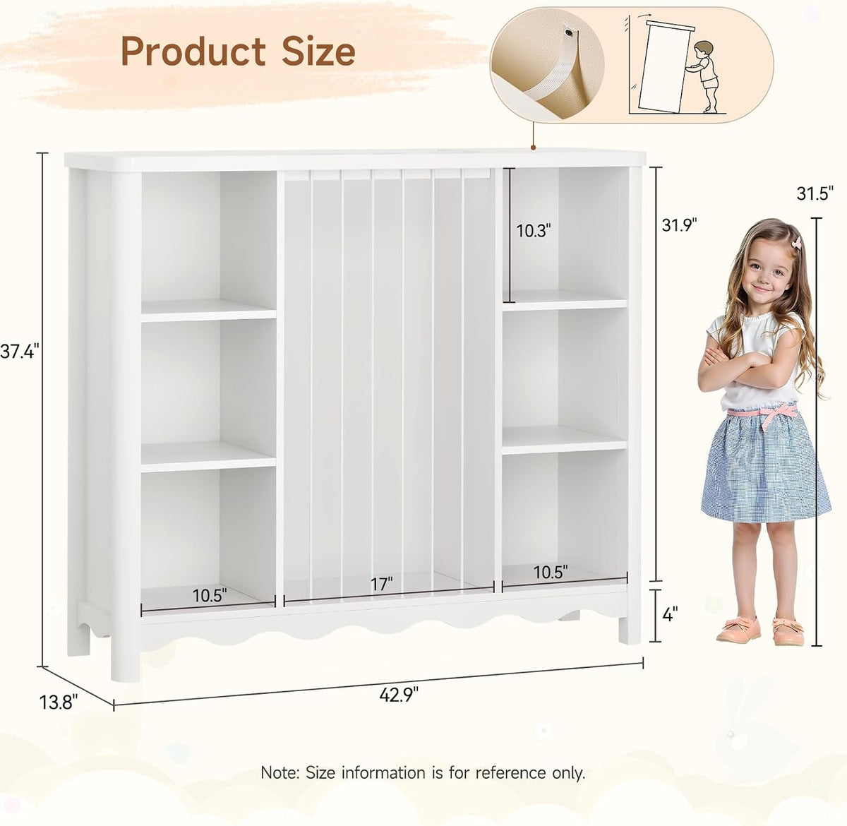 ONBRILL Wooden Stuffed Animal Storage, 6 Cube Toy Storage Organizer w/Wave Design, Plush Toy Organizers and Storage w/Elastic Band Thick Board, Kids Bookshelf for Kids Room Nursery Playroom (White)