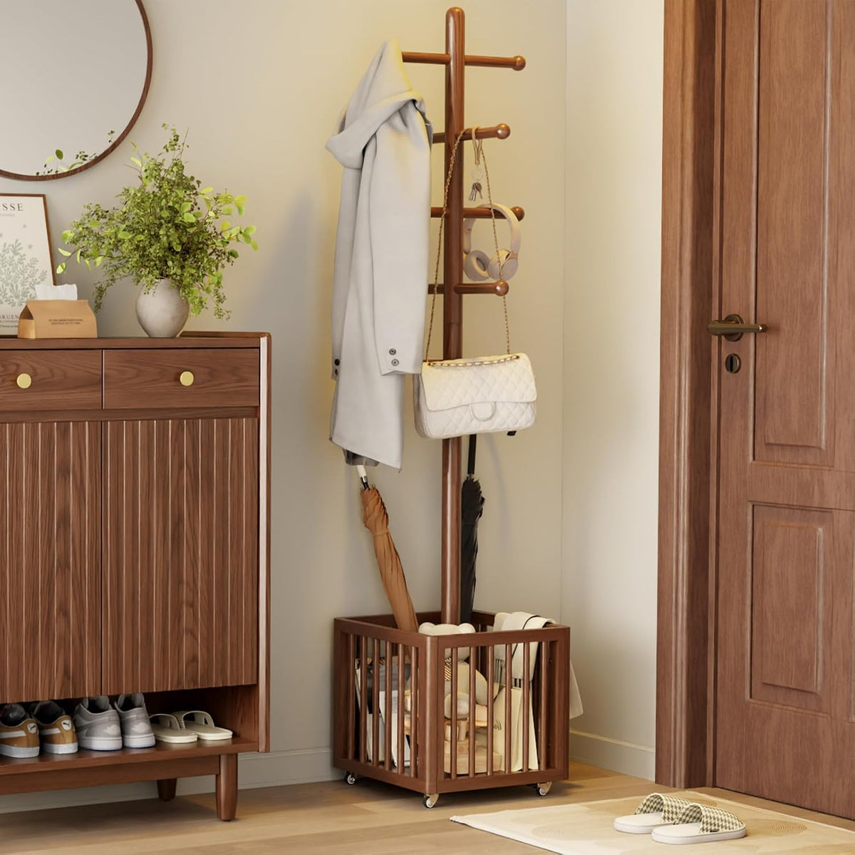 Solid Wood Freestanding Coat Rack with 10 Adjustable Hooks, Storage Basket and Lockable Casters, Organizes Hats, Clothes and Bags for Entryway, Bedroom, Living Room