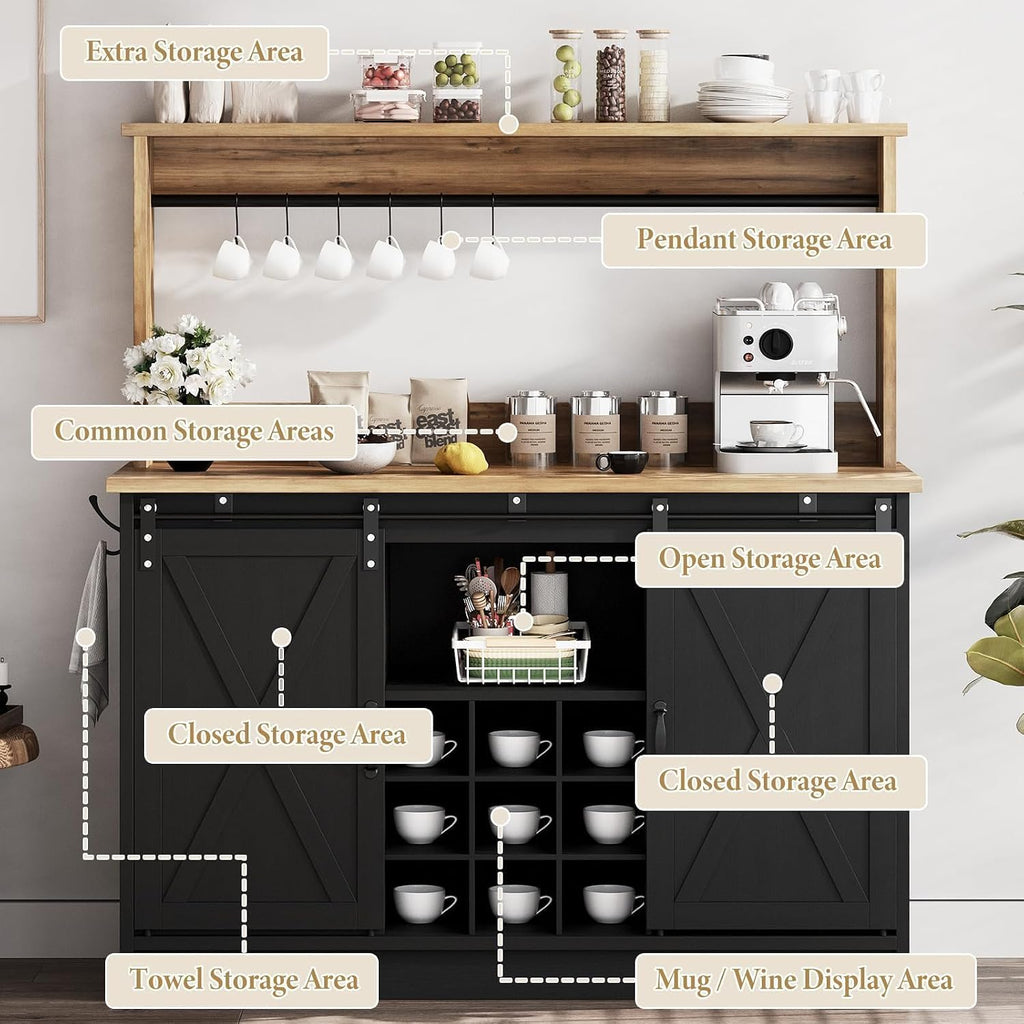 4ever2buy Coffee Bar Cabinet with Storage, 47'' Farmhouse Coffee Bar with Hutch and Sliding Barn Door, Wine Bar with 9 Wine Racks and 6 Hooks for Dining Room, Living Room, Black