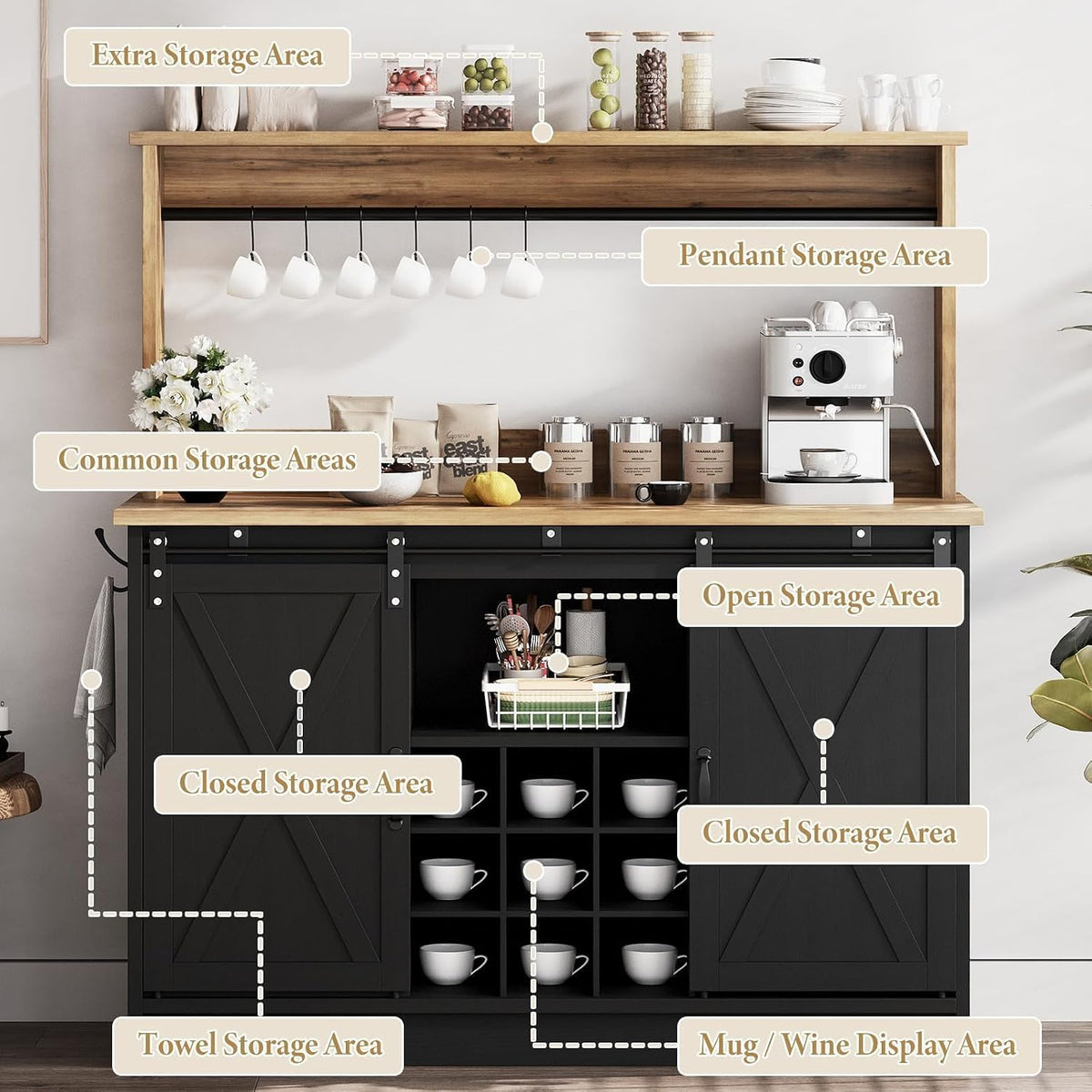 4ever2buy Coffee Bar Cabinet with Storage, 47'' Farmhouse Coffee Bar with Hutch and Sliding Barn Door, Wine Bar with 9 Wine Racks and 6 Hooks for Dining Room, Living Room, Black