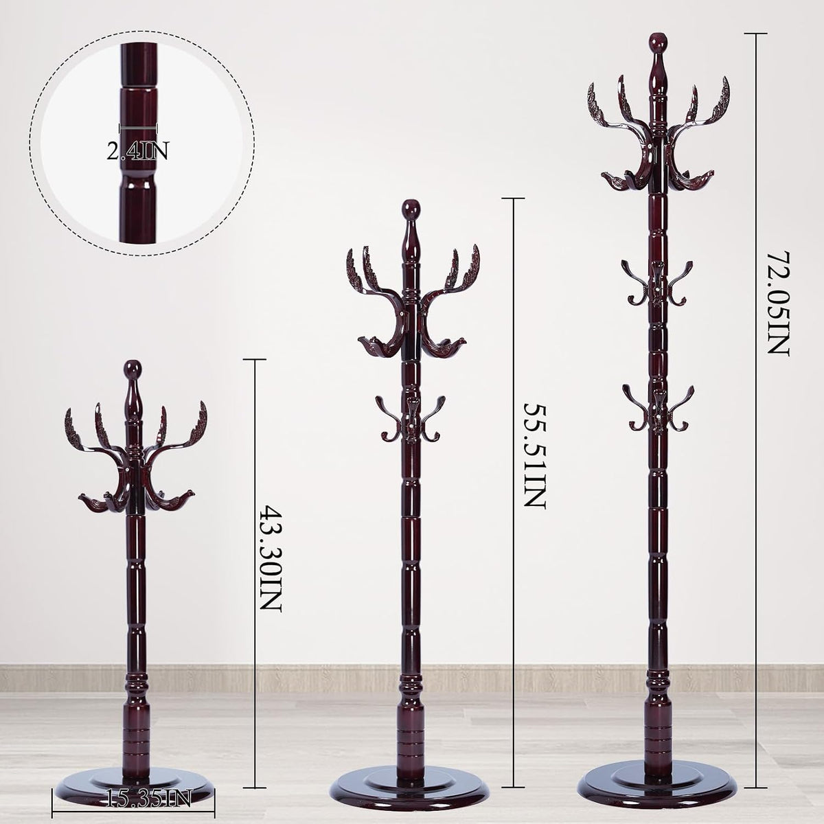 Coat Rack Stand, Solid Wooden Coat Tree with 14 Hooks, Heavy Duty Coat Rack Freestanding with Sturdy Round Base, Natural Birch Wood Coat Hanger Stand for Entryway Bedroom (Swing)