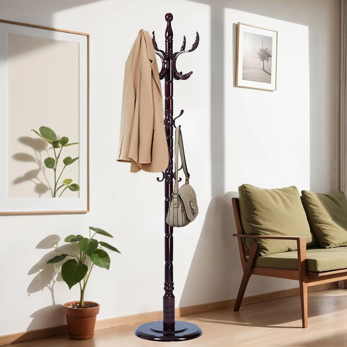 72 in Wood Coat Rack, Coat Rack Freestanding with Stable Round Base, Adjustable Height Tree Coat Racks Stand for Home Bedroom Office Hallway Entryway (Solid Wood Fenghuang Gou)