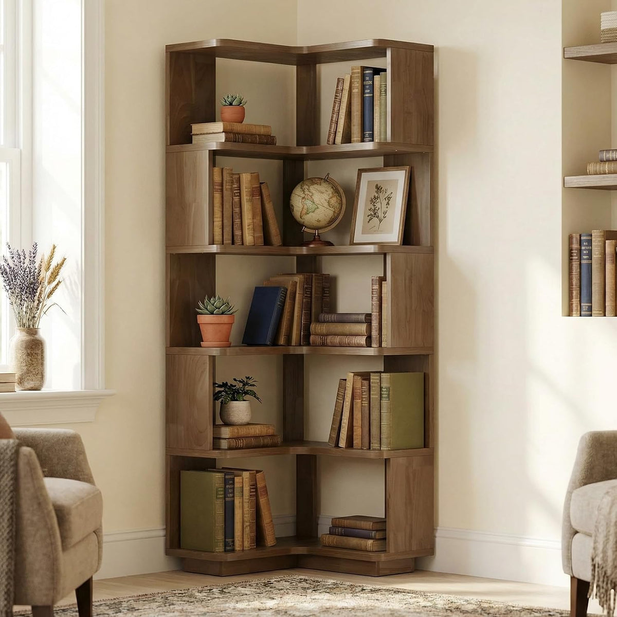 Corner Bookshelf 5-Tier L-Shaped, 66 Inch Tall Wooden Freestanding Bookcase, Modern Display Storage Organizer for Home Office, Living Room, Walnut