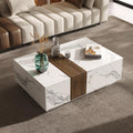 homary Marble & Walnut Coffee Table – Modern Block Design Living Room Center Table with 2 Storage Drawers, White Marble Veneer & Walnut Wood Veneer, Sturdy Base & Smooth Quiet Rails (White)