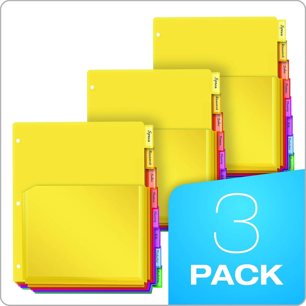Oxford Binder Dividers with Pockets, 3 Pack, 8 Multicolor Tabs with Inserts, Pockets Expand 1/4', Flexible Lightweight Plastic Dividers for 3 Ring Binders (Pack of 8)