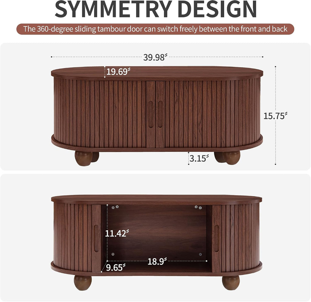 40' Walnut Oval Coffee Table with Storage, Mid Century Modern Coffee Table with Sliding Tambour Door,Wood Center Table for Living Room, Reception Room, Entertainment Room, Courtyard