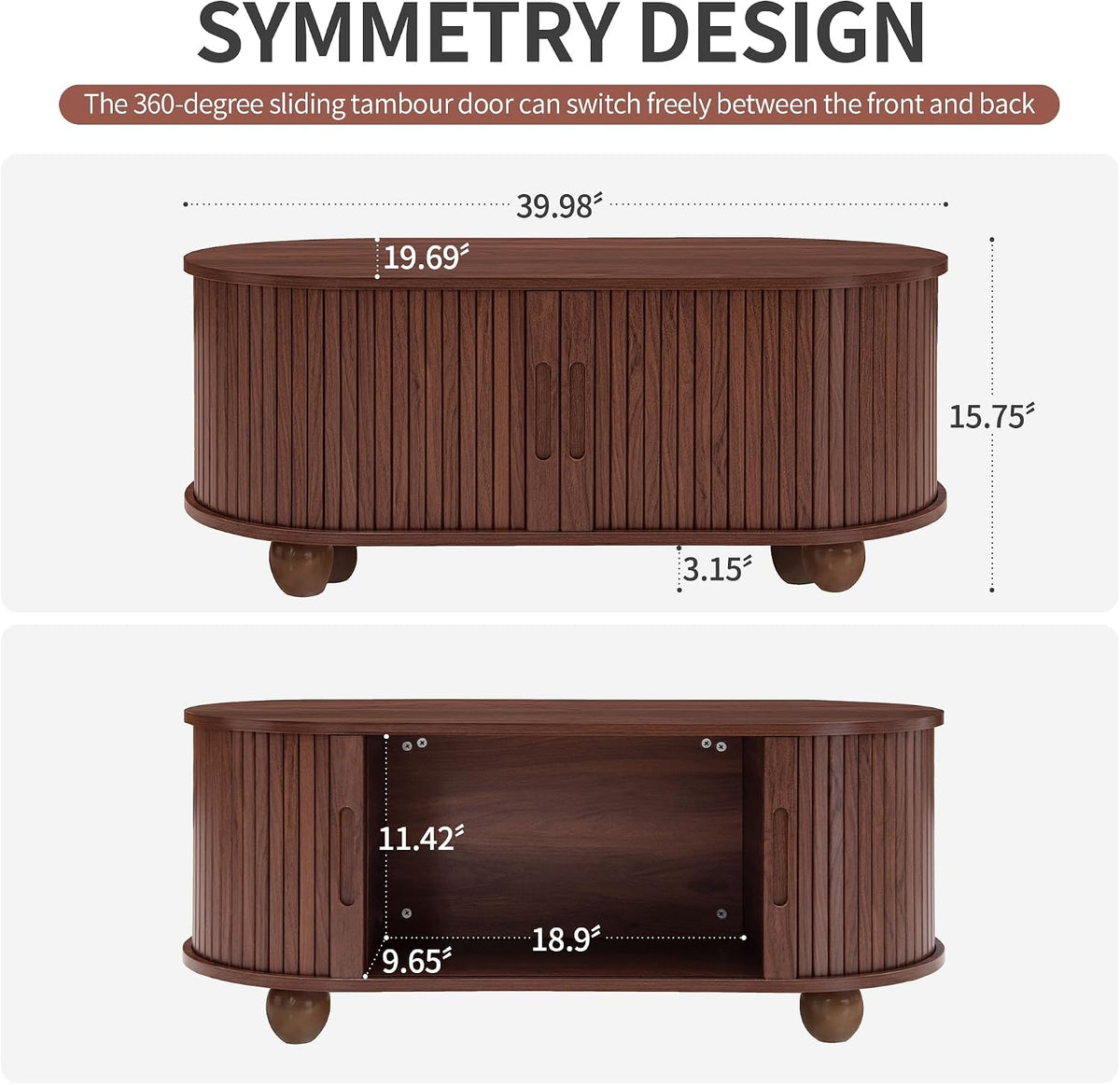 40' Walnut Oval Coffee Table with Storage, Mid Century Modern Coffee Table with Sliding Tambour Door,Wood Center Table for Living Room, Reception Room, Entertainment Room, Courtyard