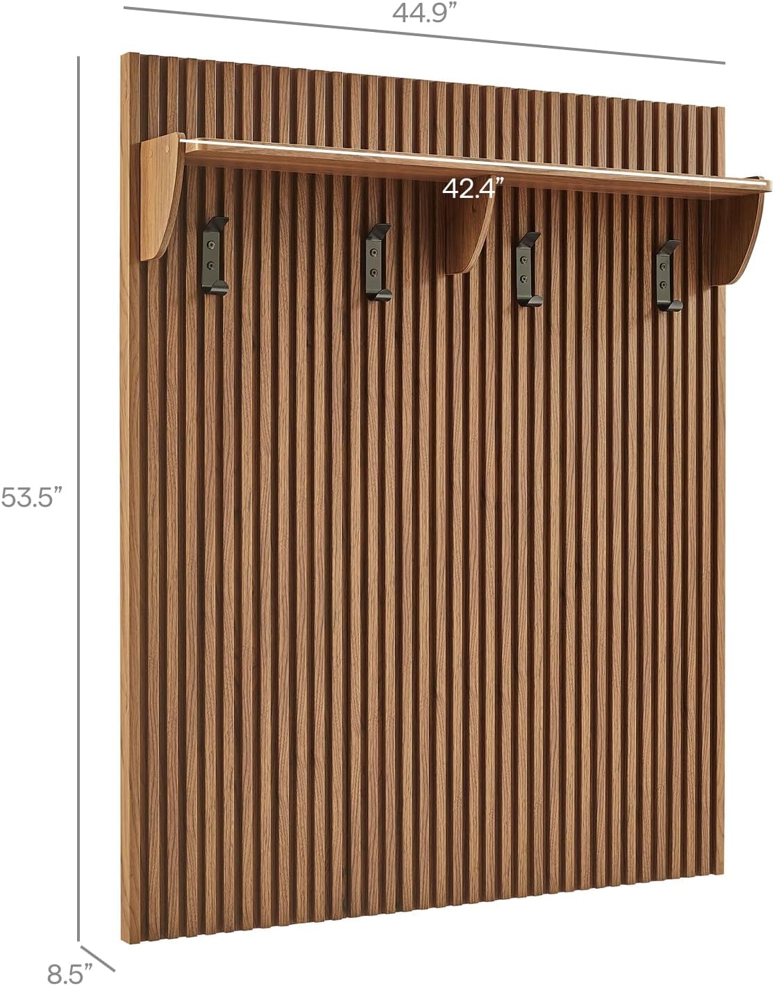 Modway Render Modern Fluted Wood Coat Rack Panel in Walnut with Shelf and Hooks – Wall-Mounted Entryway Organizer for Hallway, Mudroom, or Foyer
