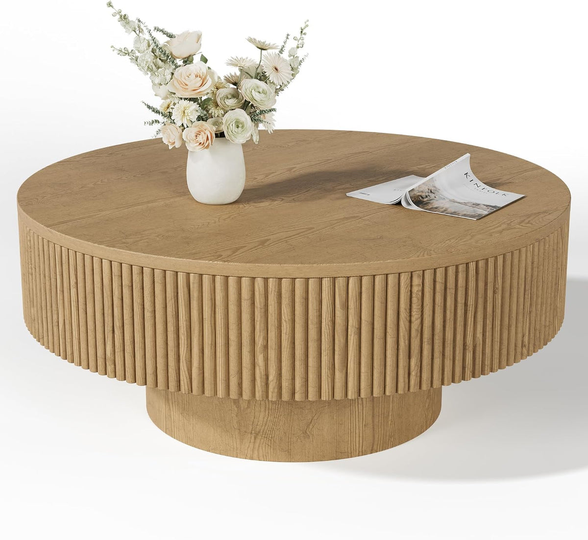 YOUDENOVA 35' Round Fluted Coffee Table, Modern Wood Circle Coffee Table, Veneer Handcrafted Relief Tea Table with Sturdy Pedestal for Living Room, Easy Assembly - Natural