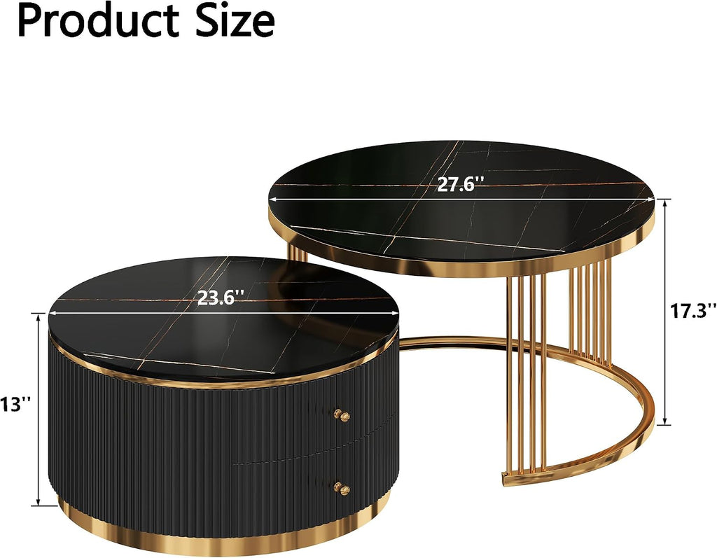 27.6' Black Nesting Coffee Table Set of 2, Modern Round White Coffee Table for Living Room with Storage Drawer Marble Tabletop End Side Table for Bedroom