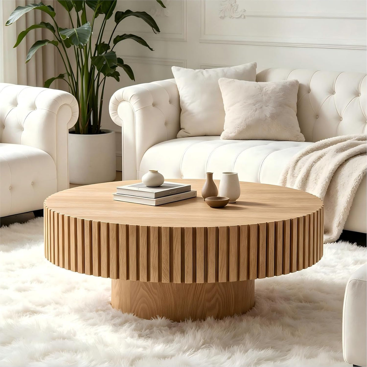 KEVINSPACE Round Coffee Table, 39' Big Wooden Fluted Coffee Table with Fluted Base, Circle Accent Center Table for Living Room Apartment Office Small Space, Easy Assembly, Wood