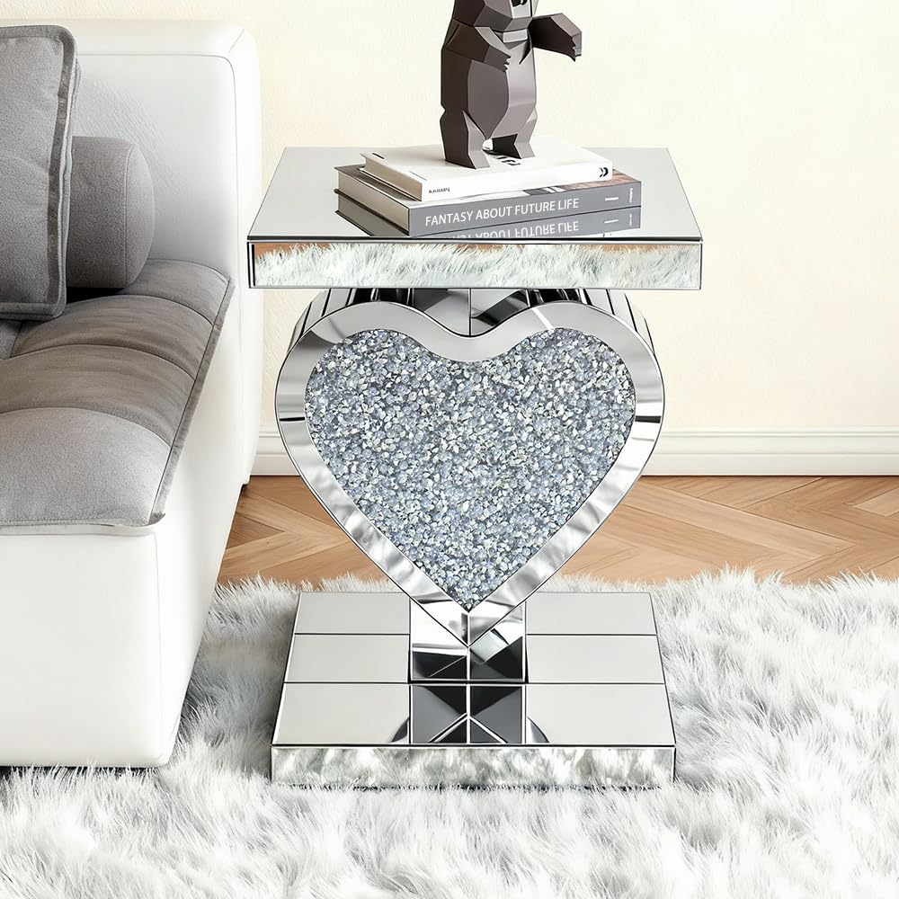 Pregaspor Silver Mirrored End Table, Crystal Inlay Heart Shape Side Table Accent Table, Small Mirrored Coffee Table for Living Room, Bedroom, Corner, 24' H