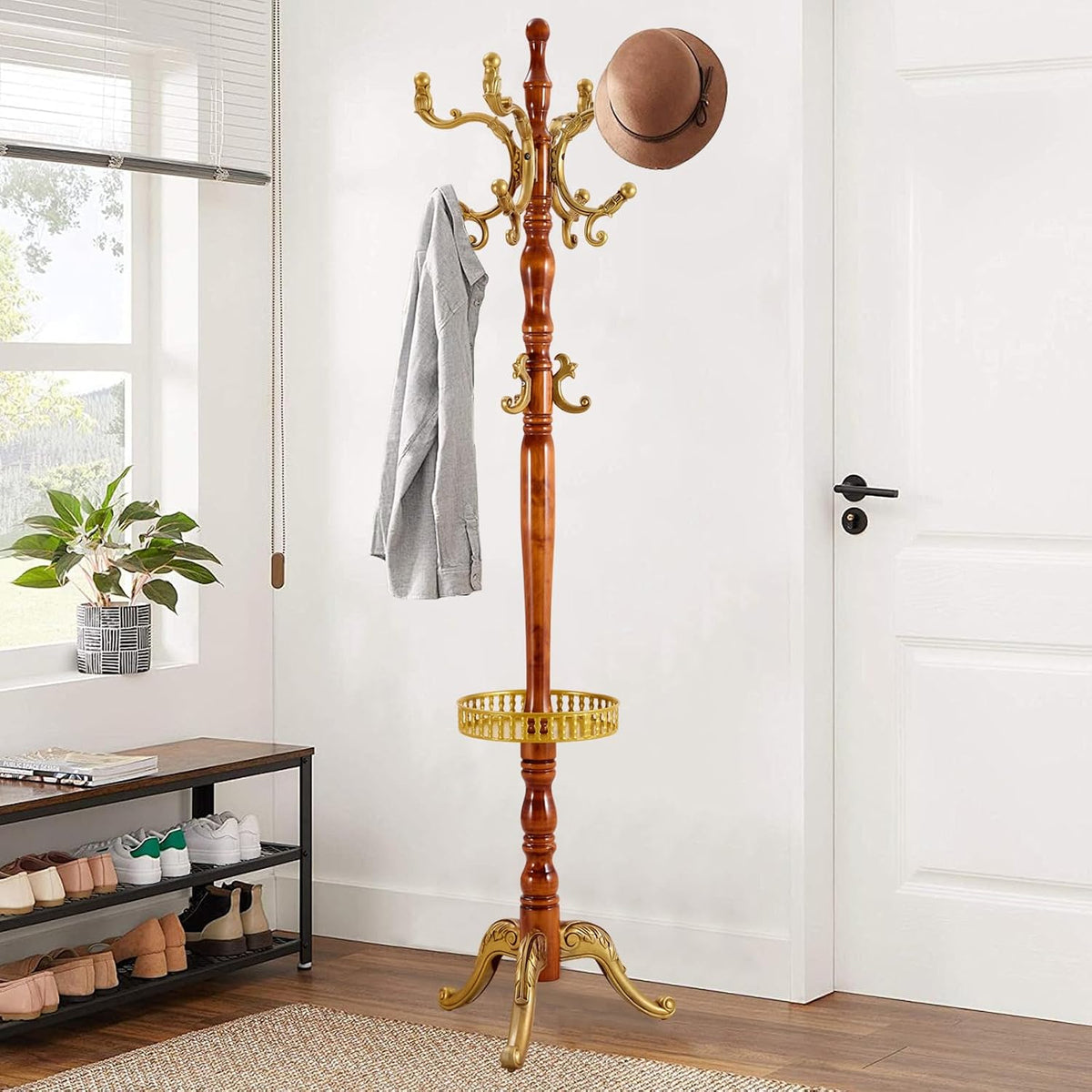 Wooden Coat Rack Freestanding, Vintage Coat Racks with Sturdy Round Base, Adjustable Height 37.40'-72.83' Entrance Coat Rack for Bedroom Living Room Entryway (Begonia Upgraded version)