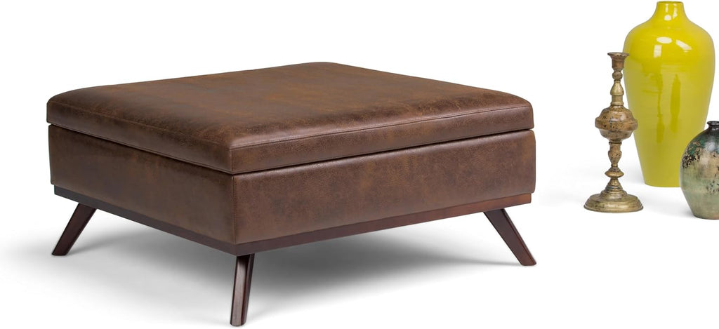SIMPLIHOME Owen Square Coffee Table Storage Ottoman - 36 inch Wide Upholstered Vegan Leather Lift-Top Ottoman in Distressed Chestnut Brown, Mid-Century Ottoman for Living Room with Tufted Detail