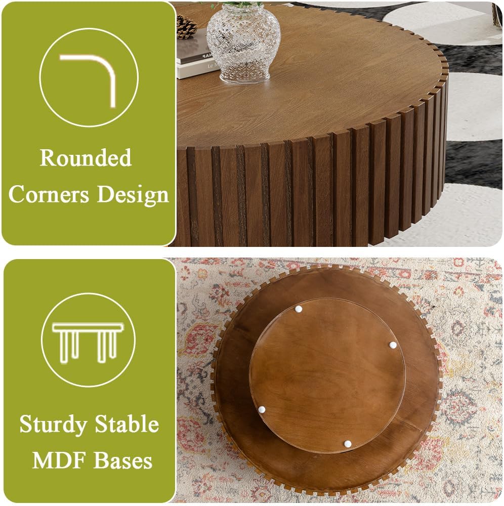 Round Coffee Table for Living Room Round Fluted Drum Coffee Table Modern Brown Fluted Drum Coffee Tables for Living Room (D Walnut 31in)