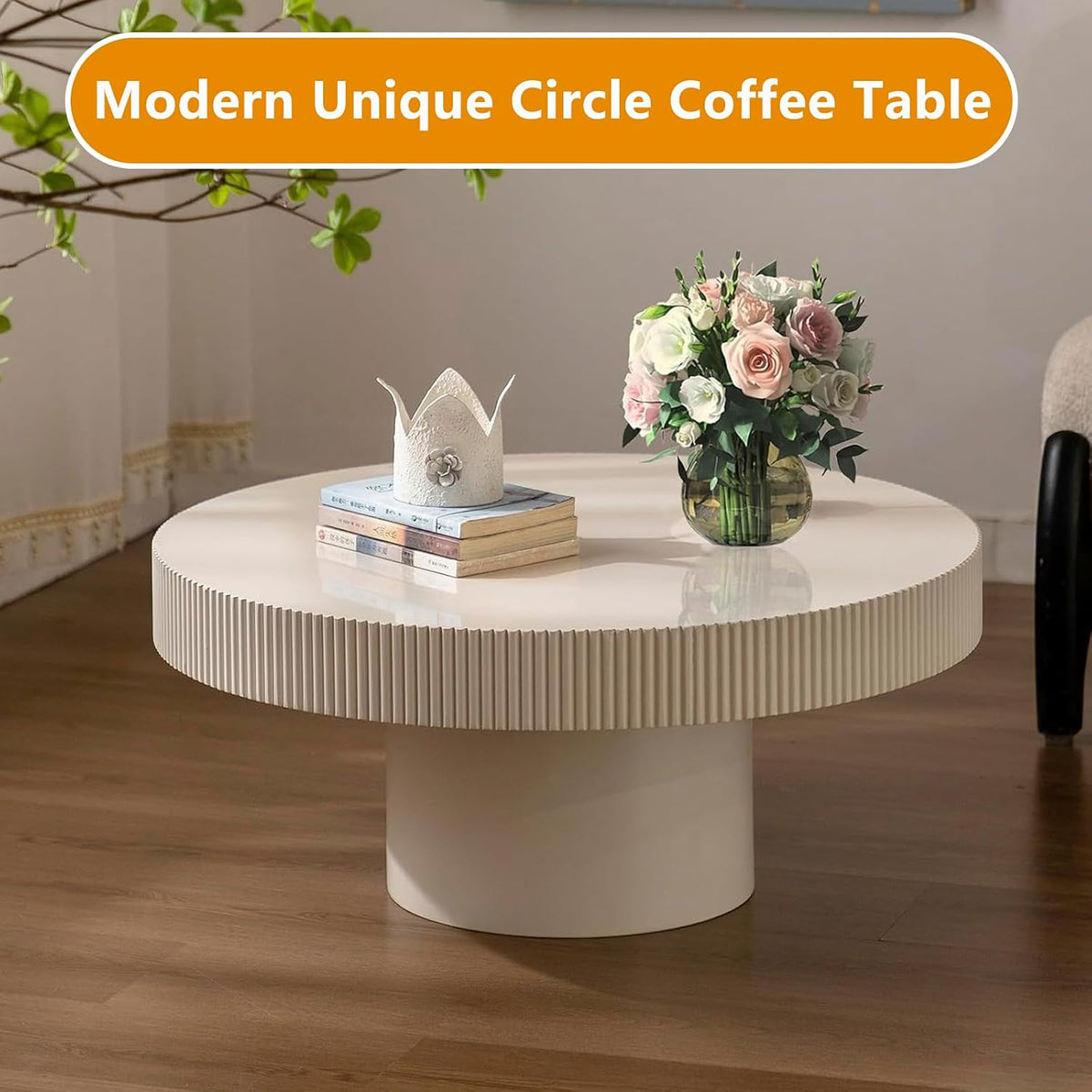 30.7'' Modern Fluted Round Coffee Table for Living Room, Drum Circle Coffee Table with Sturdy Pedestal, Small Round Center Table Contemporary Tea Table Funky Side Table for Apartmen,White,Fluted