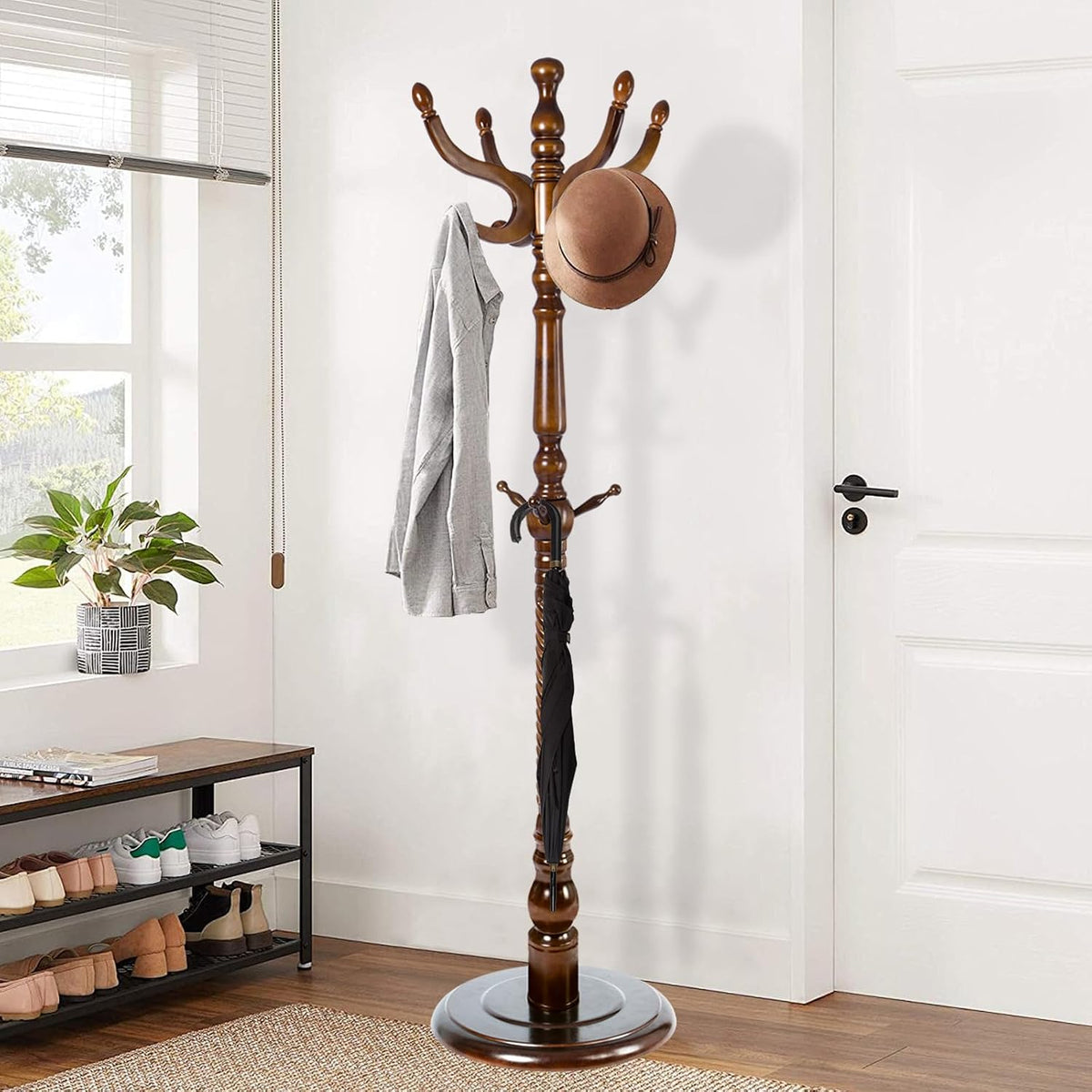 Wooden Coat Rack Freestanding, Vintage Coat Racks with Sturdy Round Base, Adjustable Height 37.40'-72.83' Entrance Coat Rack for Bedroom Living Room Entryway (Vintage Circular)
