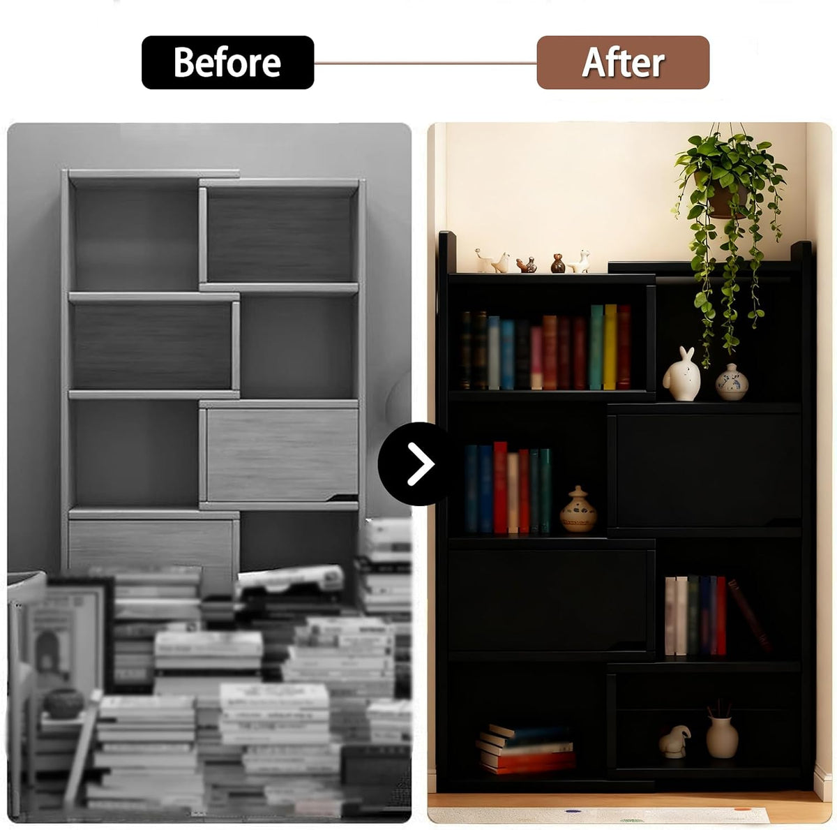 4 Tier Expandable Retractable Bookshelf, Wooden Corner Bookshelf for Living Room, Home Office, Space-Saving, Black Book Shelf
