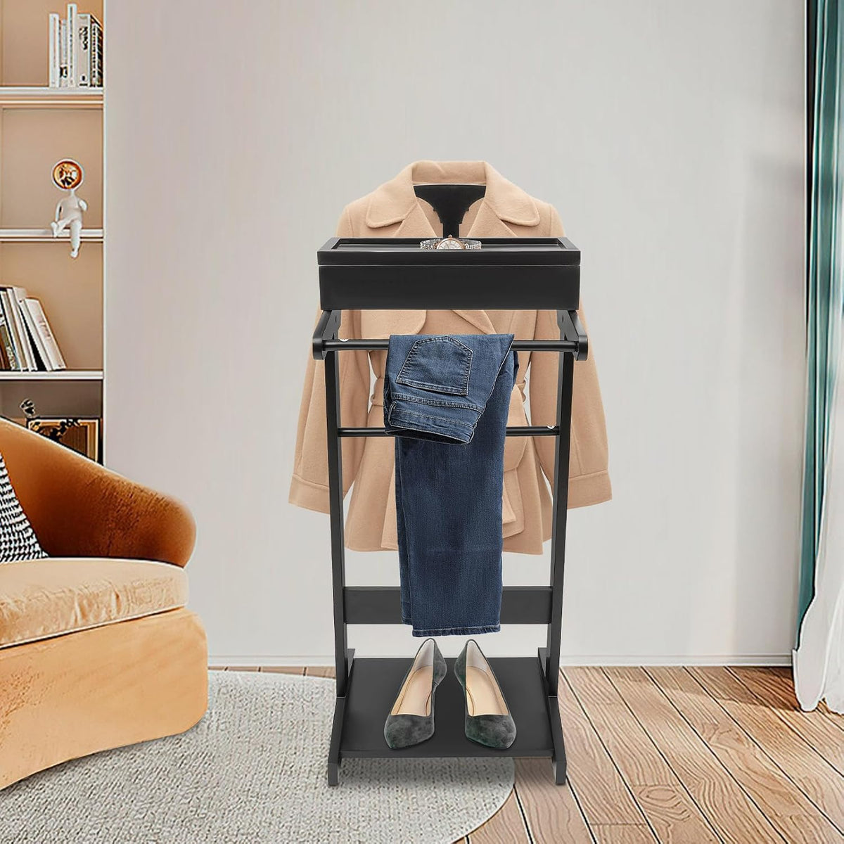 TFCFL Suit Valet Stand, Wooden Suit Rack for Men and Women, Clothes Valet Stand with Drawer & Trouser Holder, Mens Valet Stand, Valet Stand for Bedrooms, Living Rooms, Hallways, Foyers(Black)