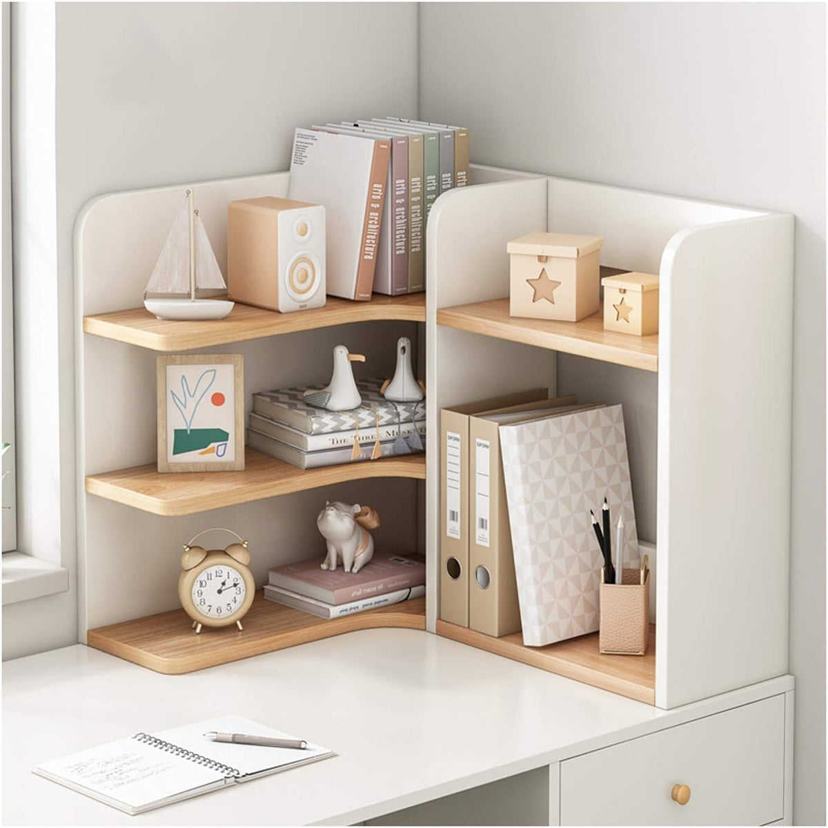 Bookshelf 3 Tier Desktop Bookshelf Wood Desktop Organizer Freestanding Countertop Bookcase Office Kitchen Corner Shelf Unit ，White+Log Color Bookcase Bookcase freestanding