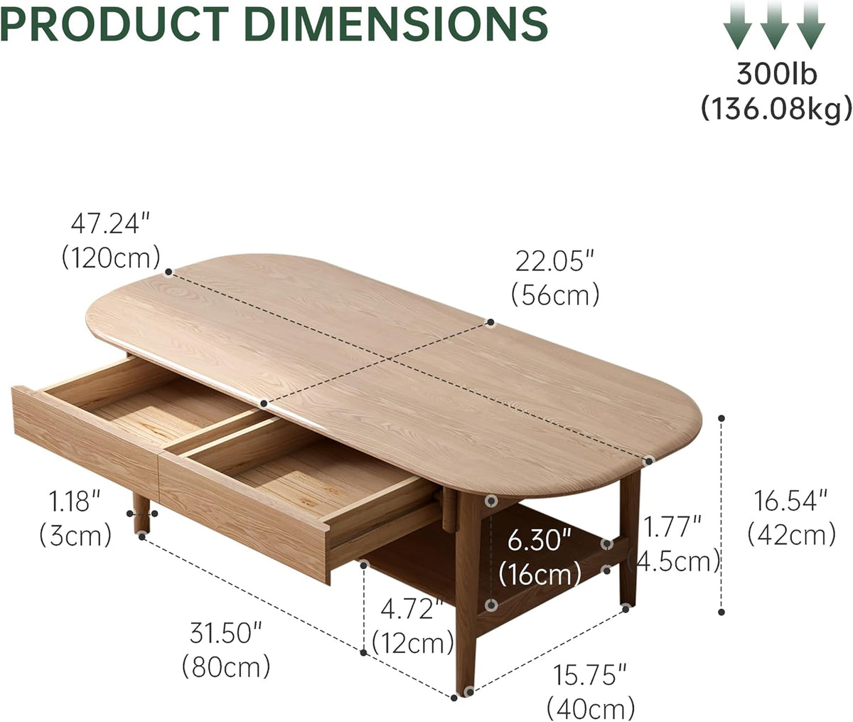 100% Solid Wood Coffee Table for Living Room, 2-Tier Coffee Table with 2 Drawers and Shelf Storage, Mid Century Modern Table for Home (Mandshurica Natural Wood, 47.24''W x 22.05' D x 16.54' H)