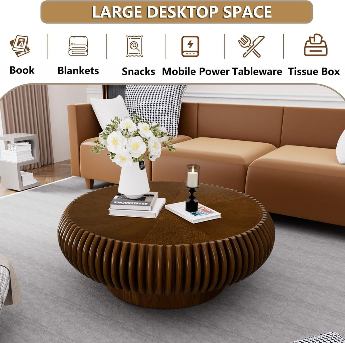 Round Handcraft Fluted Coffee Table with Sturdy Stable Pedestal Modern Luxury Drum Center Table Circle Accent Base Center Tables for Living Room Apartment (O)
