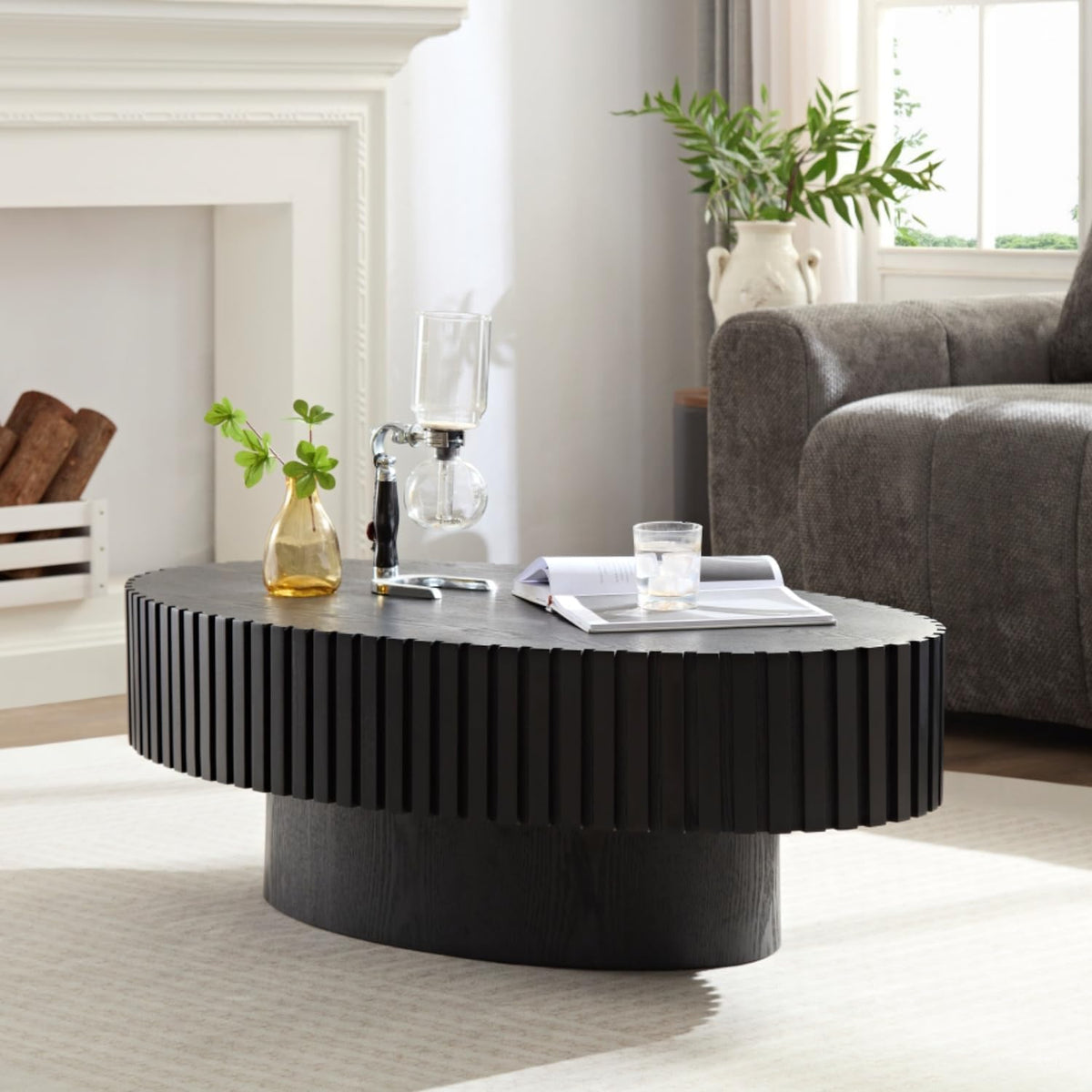 Oval Fluted Coffee Table Oval Drum Coffee Table Modern Black Fluted Coffee Tables for Living Room (Black, 44 * 24 * 14 inch)