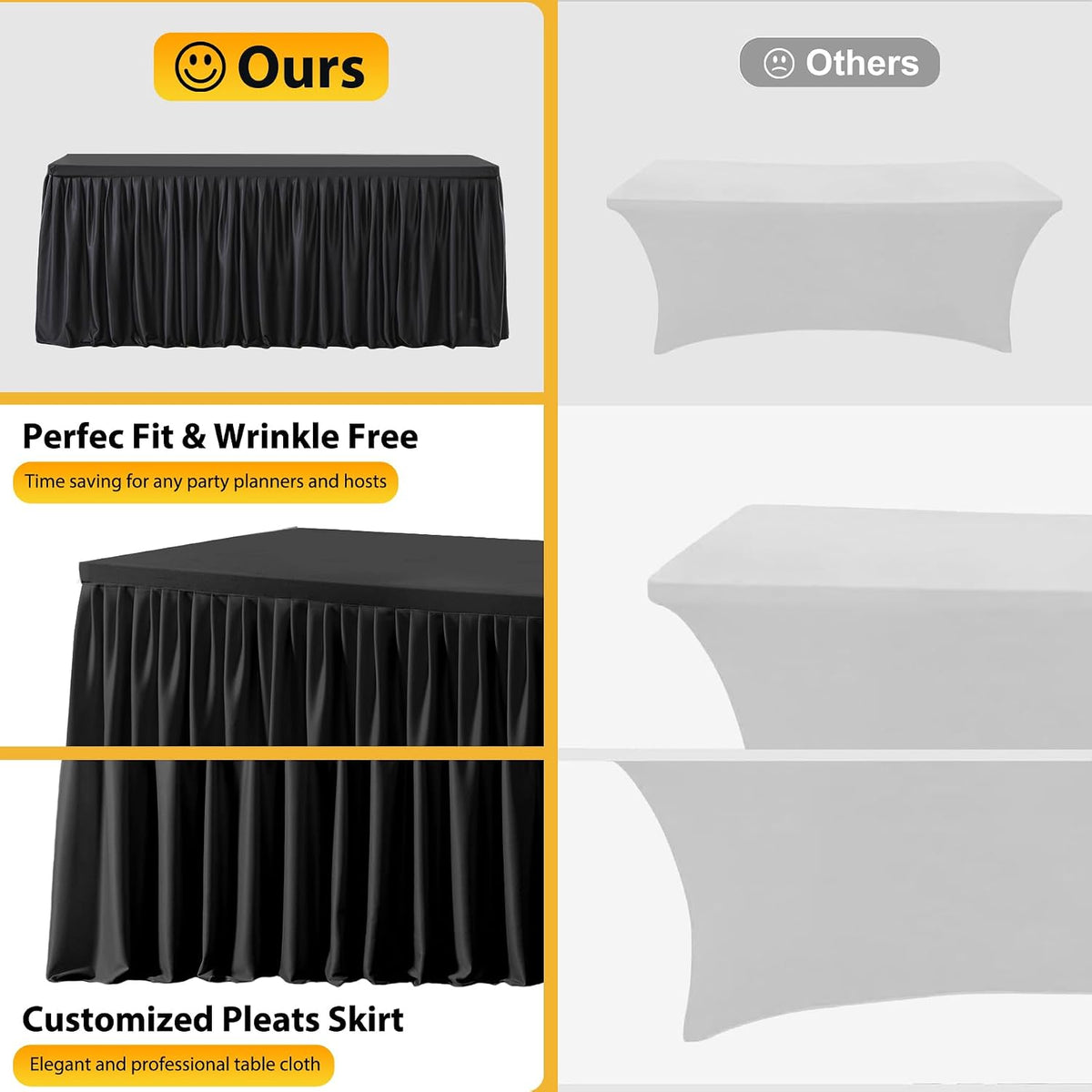Wish Care 6 Pack Black Rectangle Table Clothes for 8 Foot Tables, Polyester Fitted Tablecloths 8ft Stretch Table Cover for Wedding, Birthday, Parties, Trade Show, Craft Show