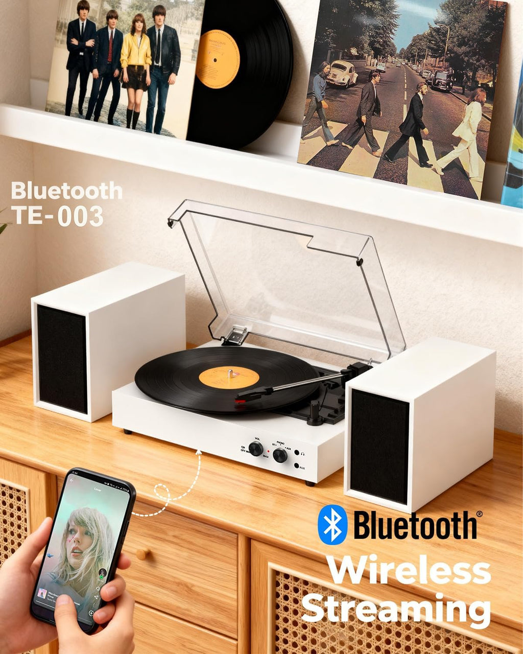 Bluetooth Record Player with External Stereo Speakers, Vintage 3-Speed Turntable | PC Recording Vinyl to MP3 | RCA Headphone Output & AUX Input for External Audio, White