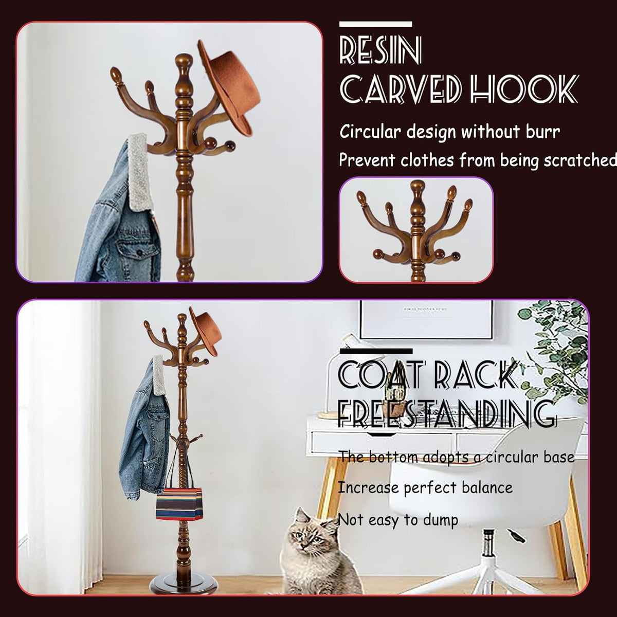73 in Wood Coat Rack, Coat Rack Freestanding with Stable Round Base, Adjustable Height Tree Coat Racks Stand for Home Bedroom Office Hallway Entryway (Antique color)